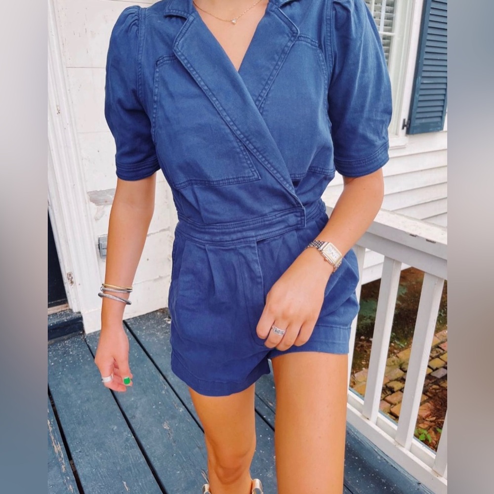 Boutique Puff Sleeve Navy Romper